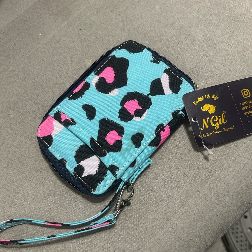 N. Gil Blue and Pink Leopard Print Wristlet